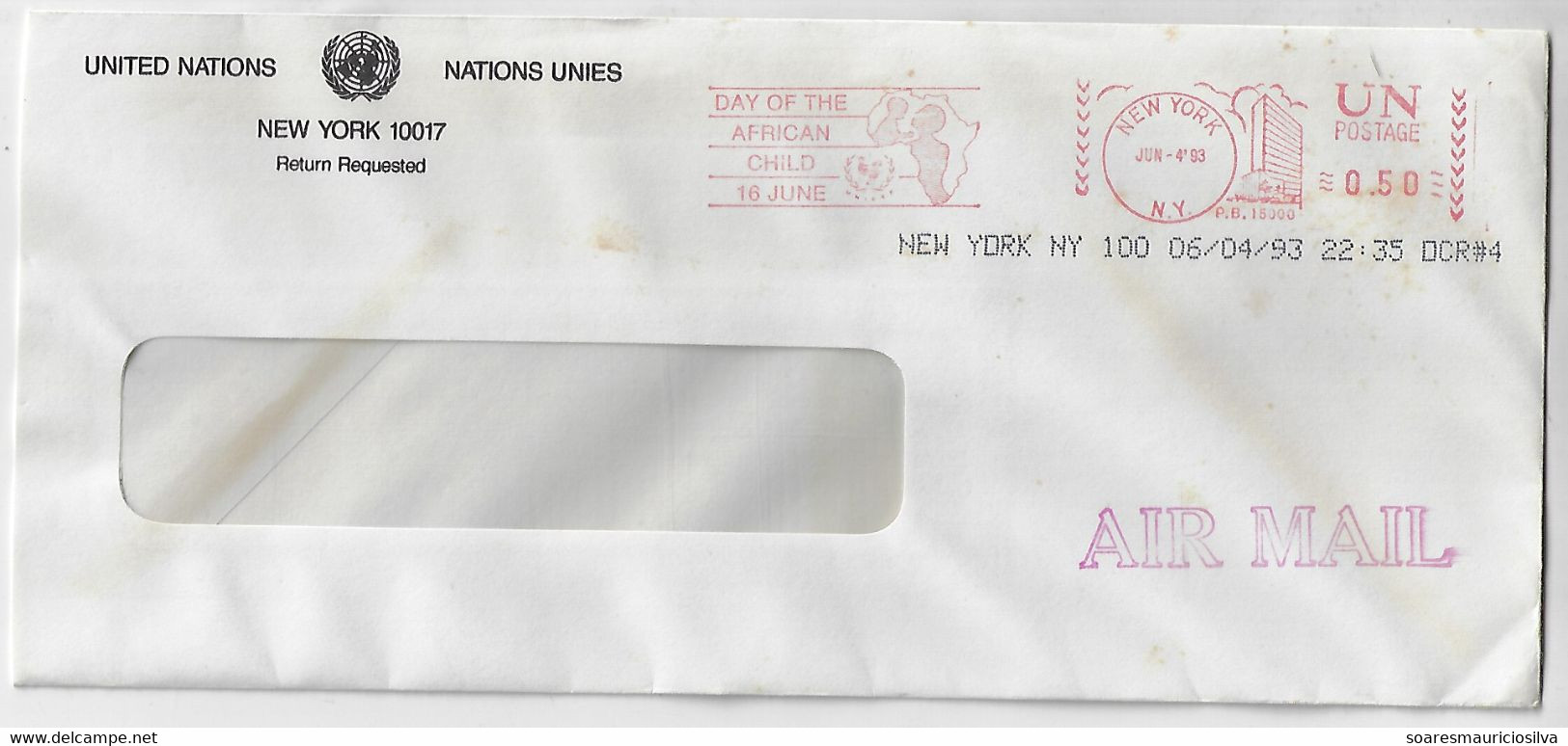 United Nations 1993 Cover Meter Stamp Pitney Bowes 6500 Slogan Day Of The African Child New York Map - Brieven En Documenten