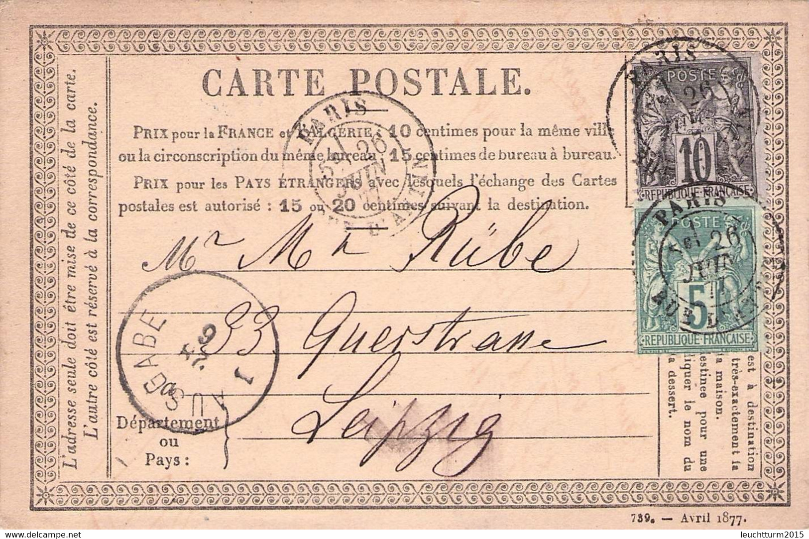 FRANCE - CARTE POSTALE 1877 PARIS > LEIPZIG/DE / 4-29 - PAM