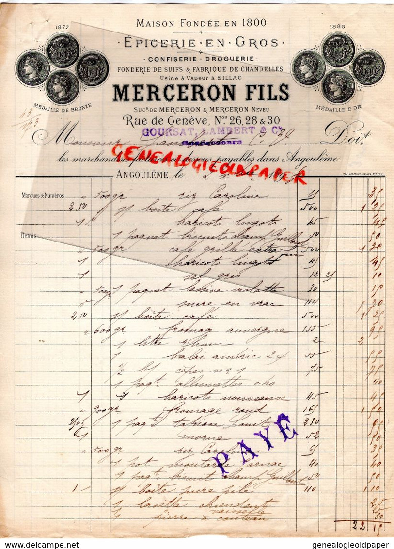 16- ANGOULEME- FACTURE 1898 MERCERON FILS-EPICERIE CONFISERIE DROGUERIE-26 RUE GENEVE- A GOURSAT LAMBERT-USINE A SILLAC - Lebensmittel