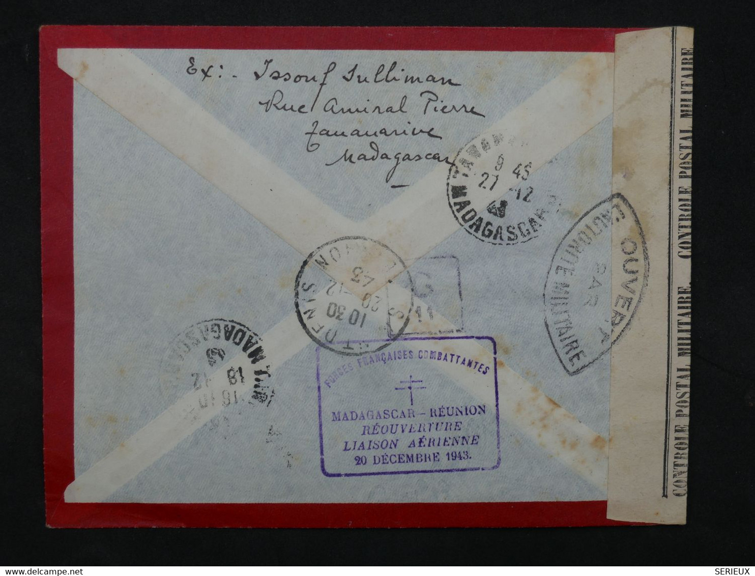 B I 10  MADAGASCAR  BELLE LETTRE CENSUREE RR 1943 PAR AVION TANANARIVE A  ST DENIS LA REUNION ++AFFRANCH. INTERESSANT++ - Airmail