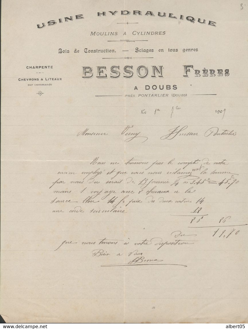 25  - Facture à Doubs ( Doubs ) Besson Frères - Usine Hydraulique - Moulins - Cylindres - Charpentes 1er Sept 1909 - Elektrizität & Gas