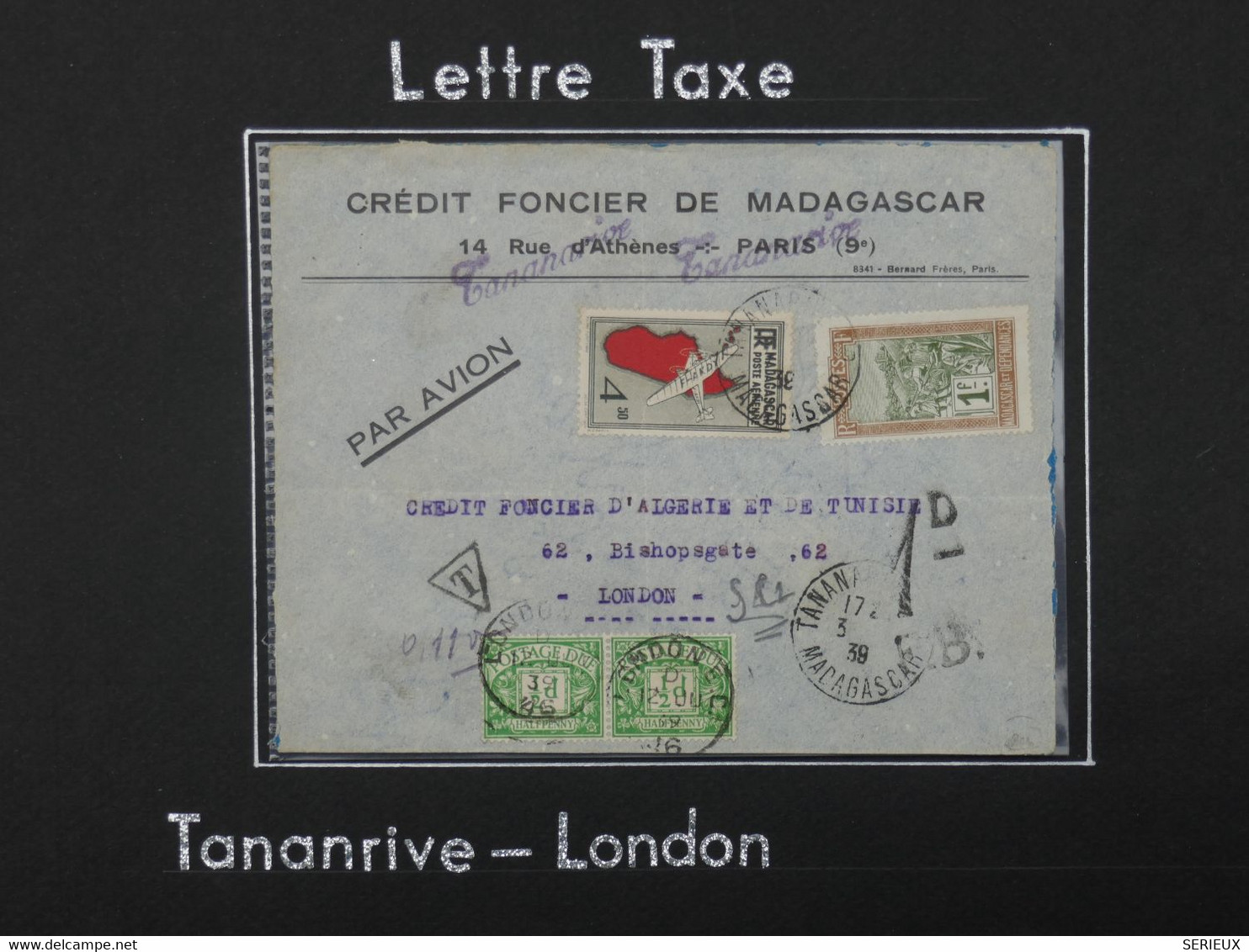 B I 10 MADAGASCAR BELLE LETTRE TAXEE RRR 1939 TANANARIVE A LONDON U.K+++AFFRANCH. INTERESSANT++ - Luftpost