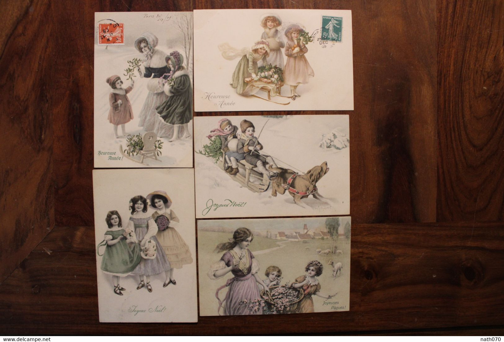 AK 1900's Lot De 5 CPA Enfants Animaux Joyeux Noël Heureuse Année Illustrateur M M VIENNE Litho - Vienne