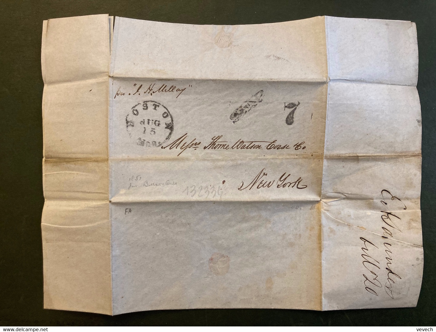 LETTRE (PLI) Datée Buenos Ayres June 11th 1857 OBL. AUG 15 BOSTON + TAXE 7 + Par S.H. MILLAY - …-1845 Prephilately