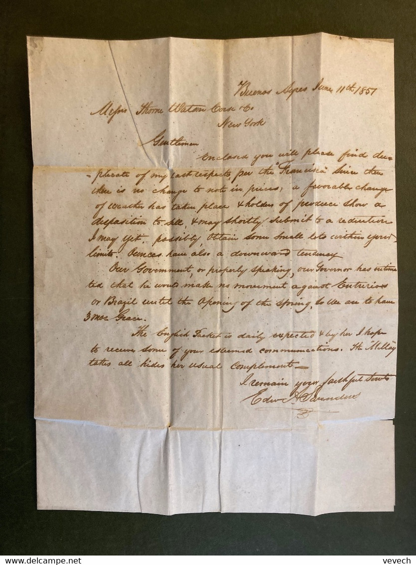 LETTRE (PLI) Datée Buenos Ayres June 11th 1857 OBL. AUG 15 BOSTON + TAXE 7 + Par S.H. MILLAY - …-1845 Prefilatelia