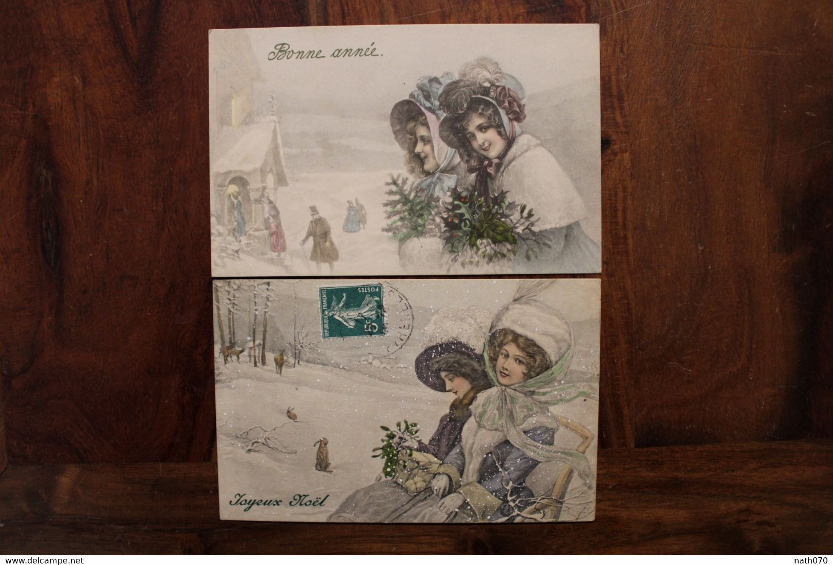 AK 1900's Lot De 2 CPA Femmes élégantes Joyeux Noël Heureuse Année Illustrateur V K VIENNE Litho - Vienne