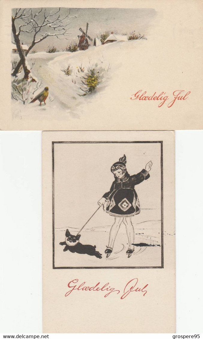 GLOEDELIG JUL  2 CPA 1926 DANEMARK JEUNE FILLE SUR PATINS A GLACE AVEC CHIEN +  MOULIN OISEAU - Neujahr