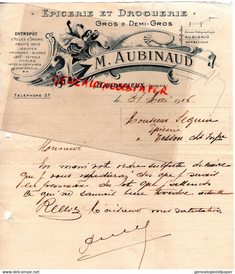 16- BARBEZIEUX- RARE LETTRE MANUSCRITE M. AUBINAUD-EPICERIE DROGUERIE-1916 - Chemist's (drugstore) & Perfumery