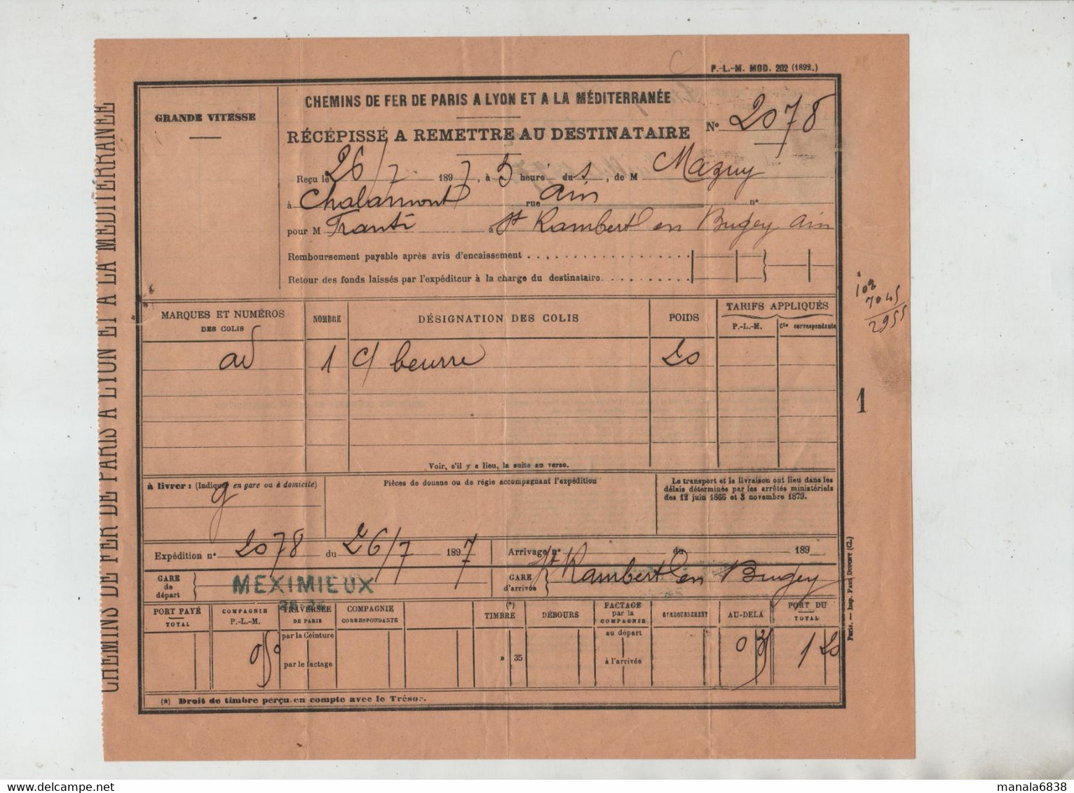 PLM Chalamont Mazuy Saint Rambert En Bugey 1897 Meximieux - Autres & Non Classés