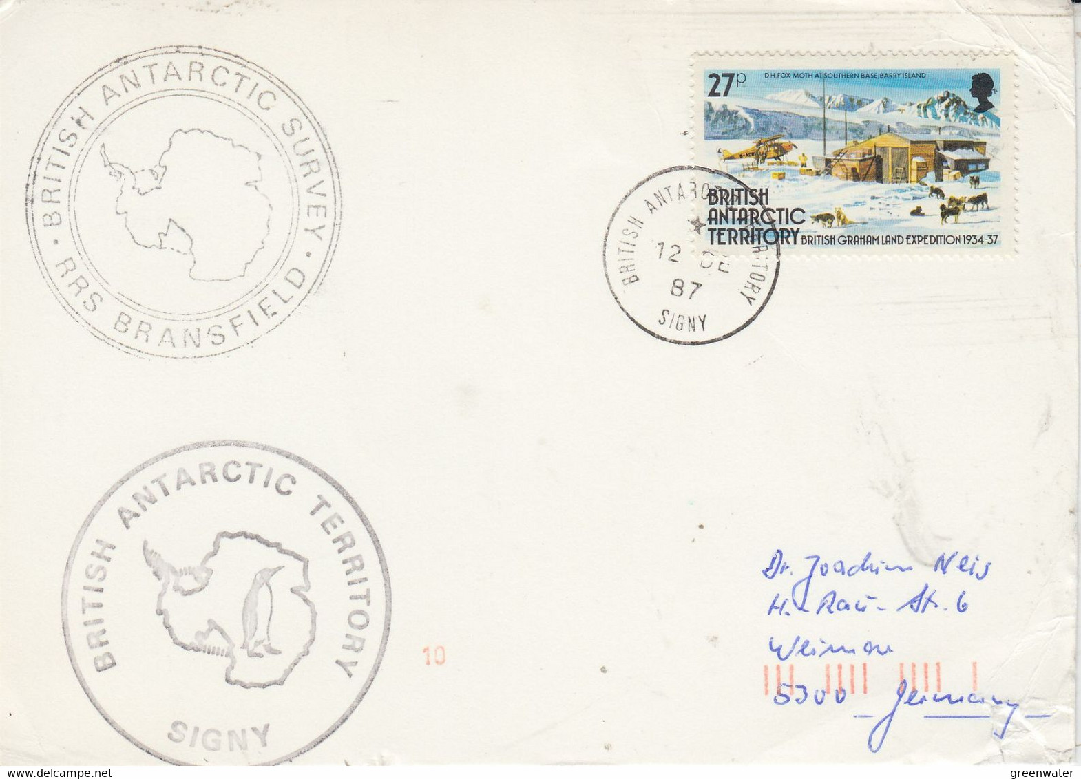 British Antarctic Territory (BAT) Card  Ca RRS  Bransfield Ca Signy 12 DE 1987 (AT156) - Briefe U. Dokumente