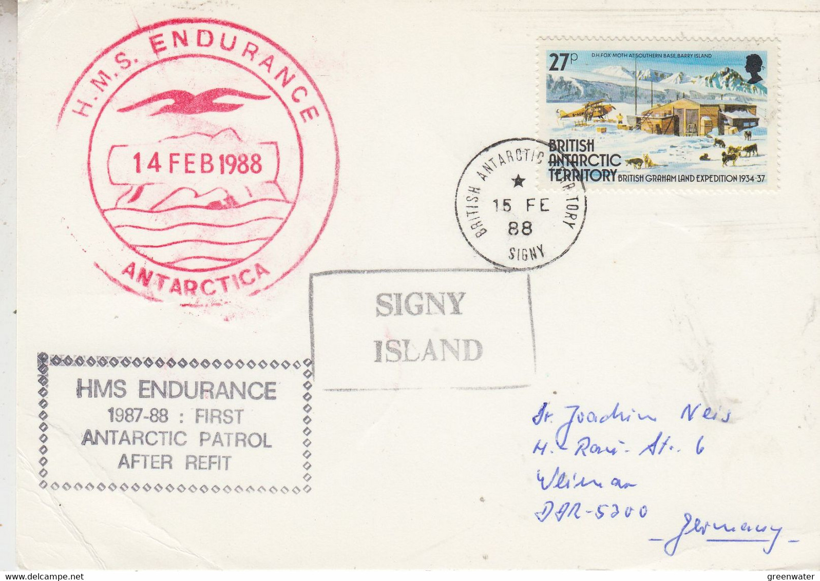 British Antarctic Territory (BAT) Card  Ca HMS Endurance Ca Signy 15 FE 1988 (AT157) - Covers & Documents