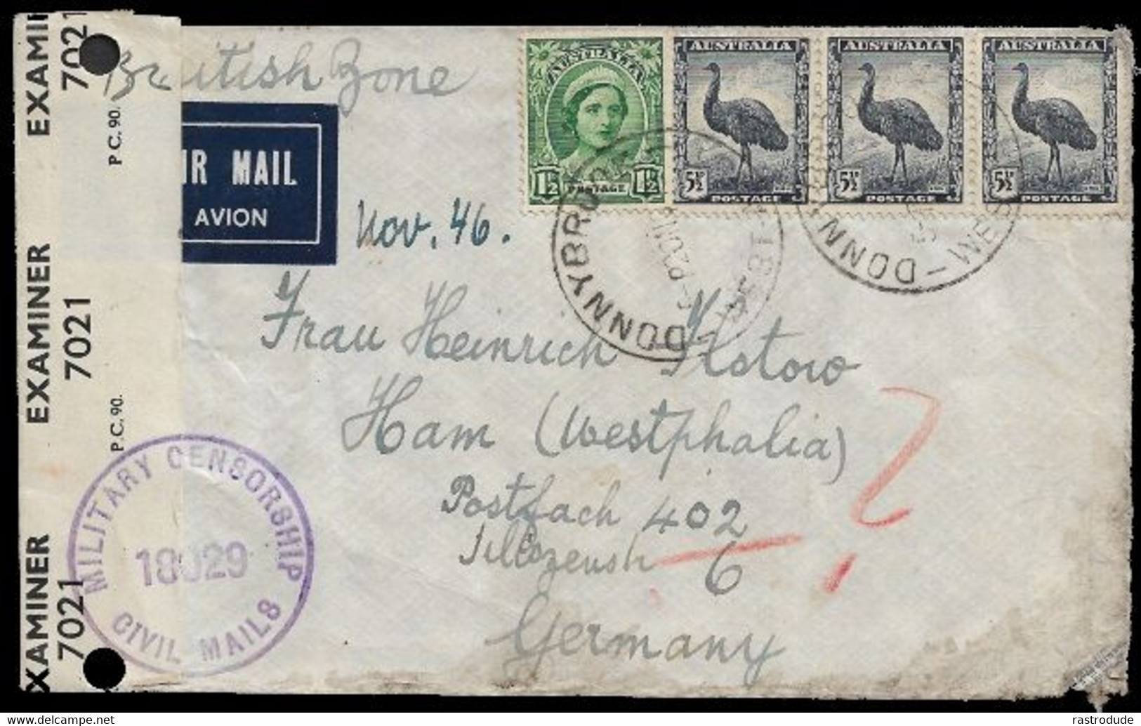 1946 AUSTRALIA - CENSOR COVER FROM DONNYBROOK (SMALL P.O) TO BERLIN, GERMANY - BRITISH ZONE - MILITARY CENSORSHIP - Lettres & Documents