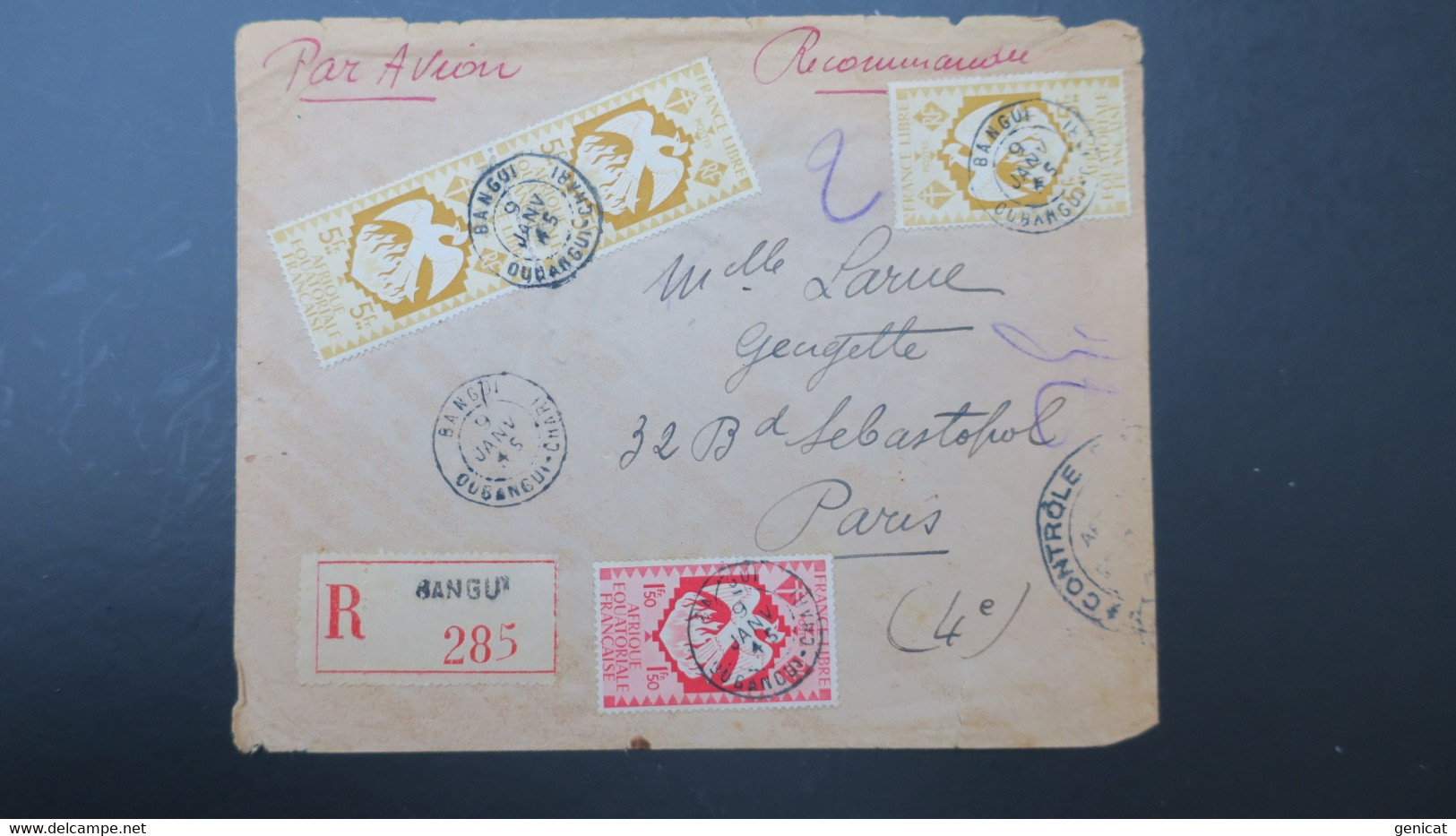 Oubangui-Chari Lettre Bangui Janvier 1945 Recommandé Pour Paris Censure Controle Postal AEF - Lettres & Documents