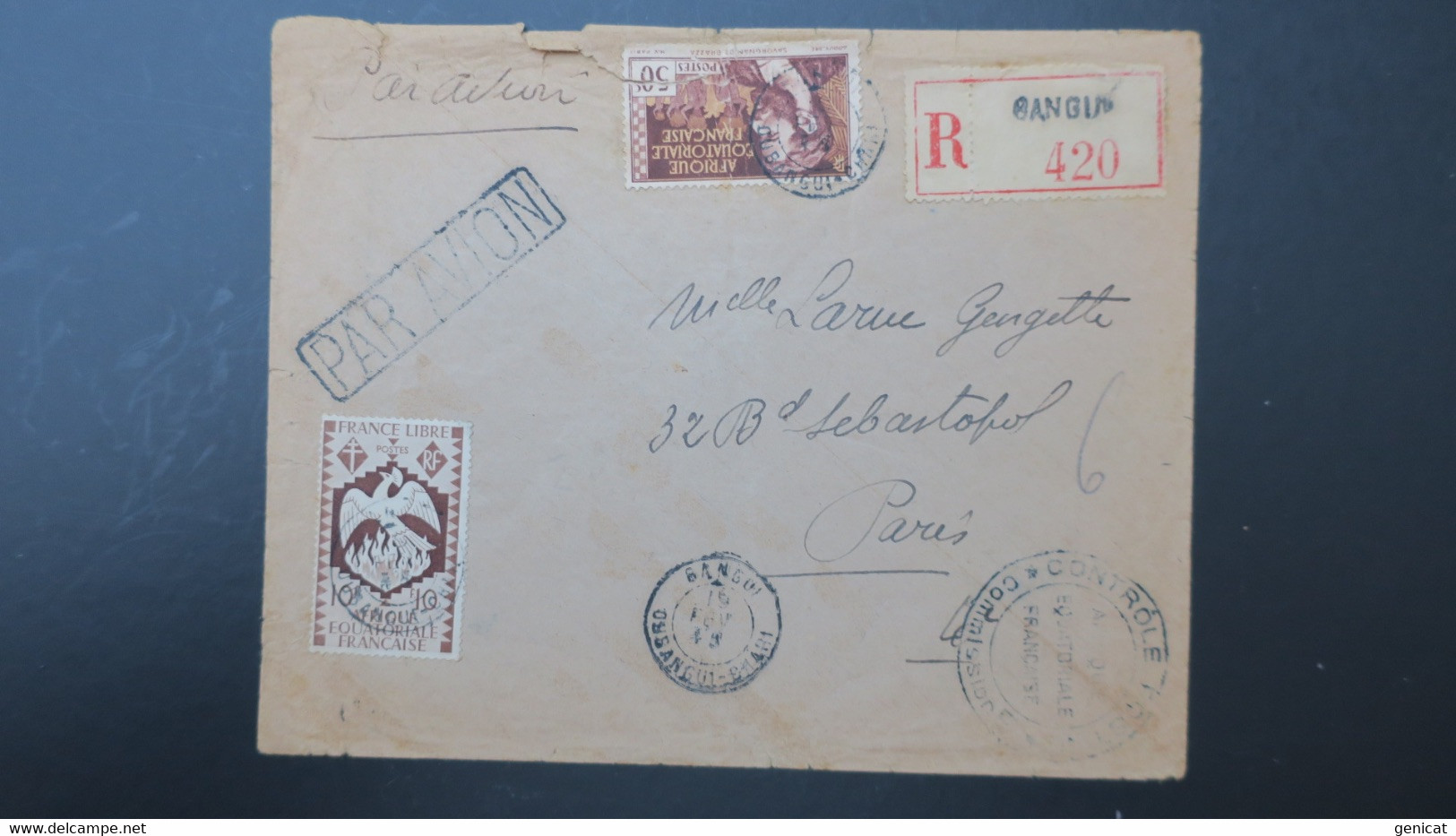 Oubangui-Chari Lettre Bangui Fevrier 1945 Recommandé Pour Paris Censure Controle Postal AEF - Brieven En Documenten