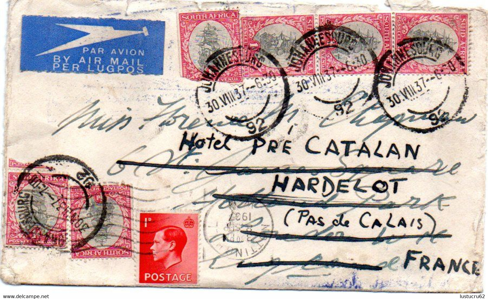 HARDELOT - Enveloppe Timbrée 1937 Provenant De Johannesburg - 1840 Sobres & Cartas Mulready