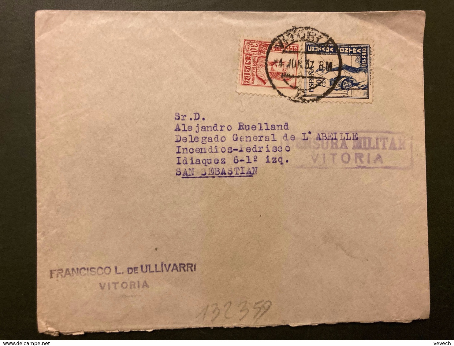 LETTRE TP 30c + 10c OBL.4 JUN 37 VITORIA + CENSURA MILITAR VITORIA - Nationalists Censor Marks