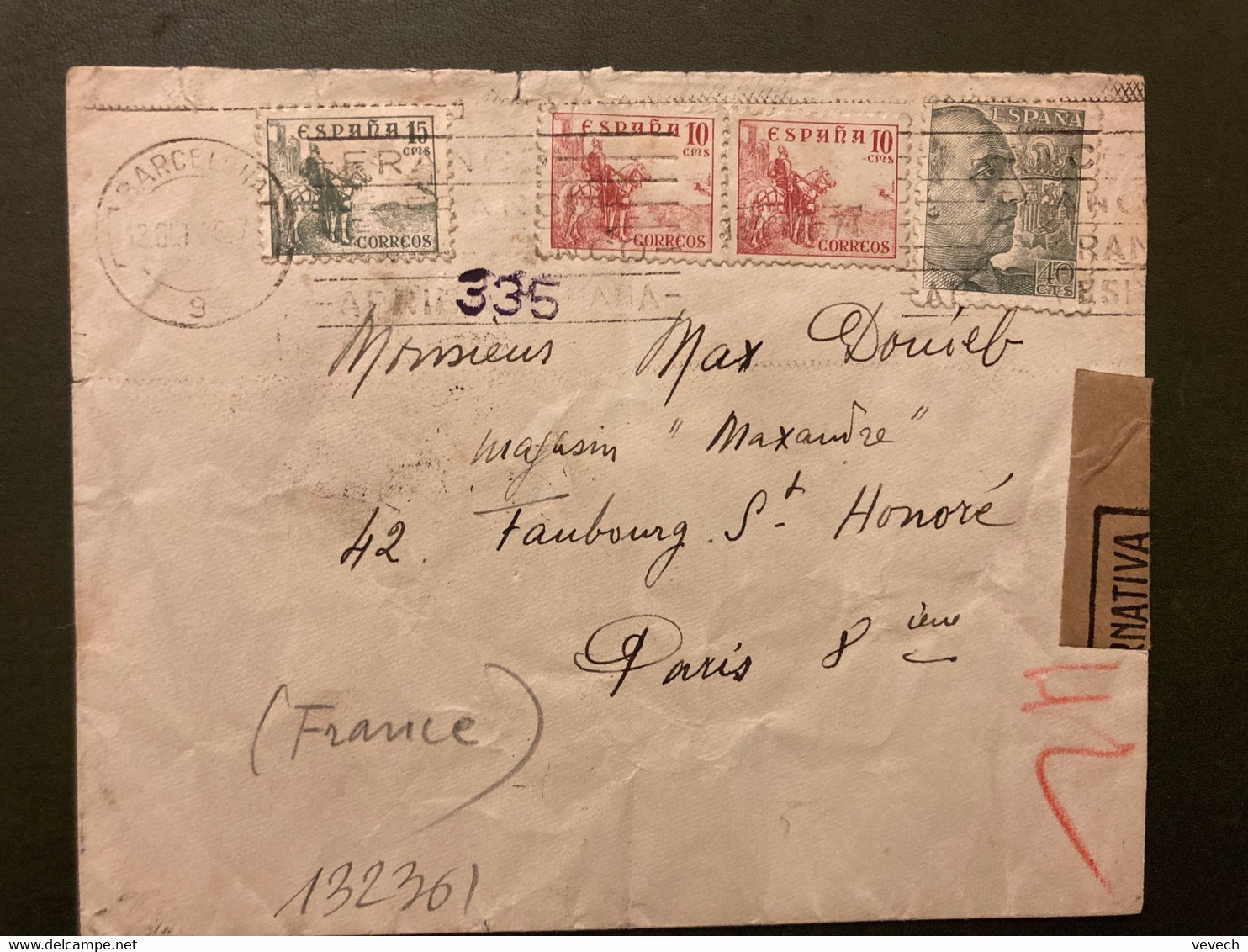 LETTRE Pour La FRANCE TP FRANCO 40c + 10c X2 + 15c OBL.MEC.12 OCT 45 BARCELONA + CENSURA - Marques De Censures Nationalistes