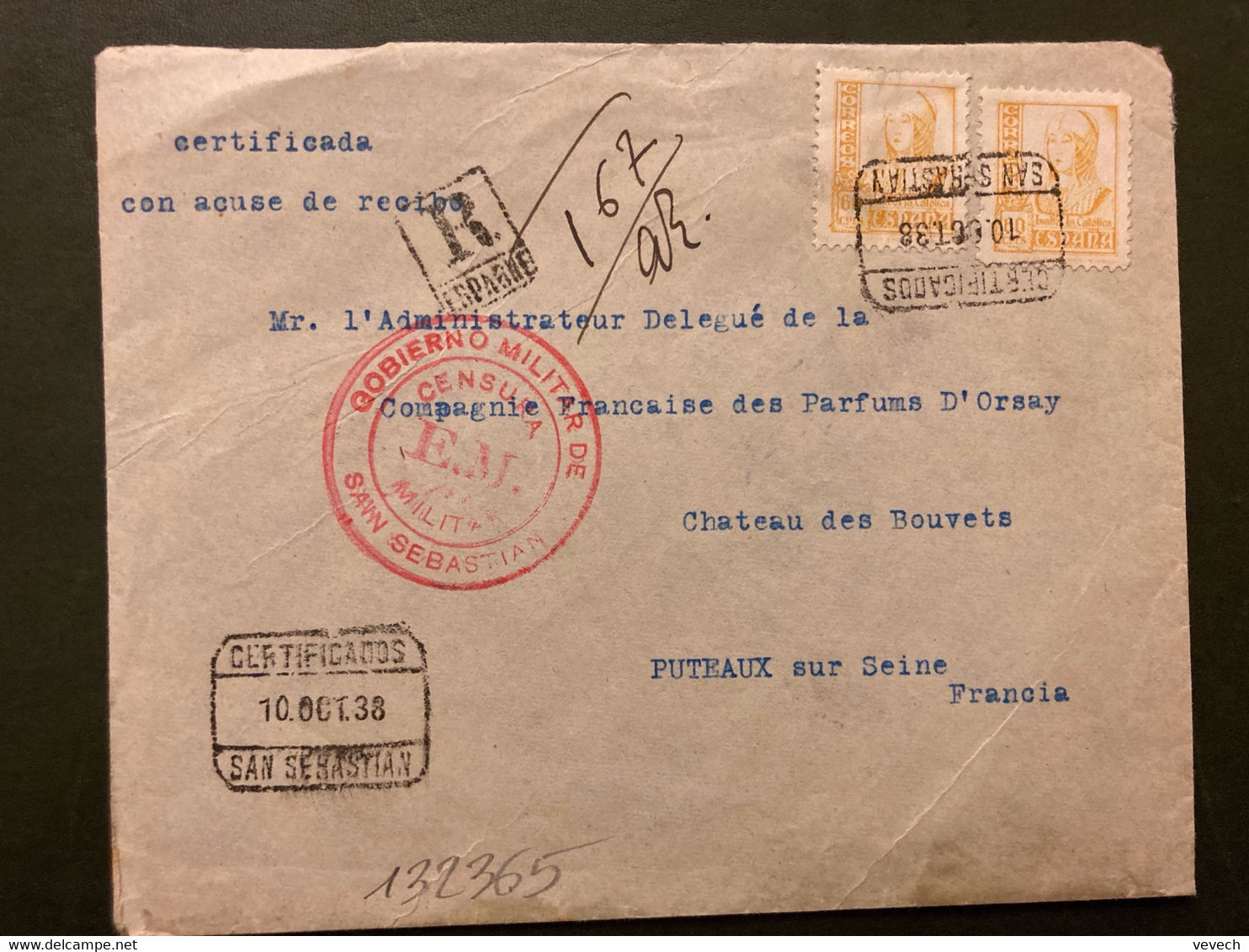 LR Pour La FRANCE TP 60c X2 OBL.10 OCT 38 SAN SEBASTIAN + CENSURE SAN SEBASTIAN + VIVA ESPANA + CERTIFICADO IRUN - Nationalists Censor Marks