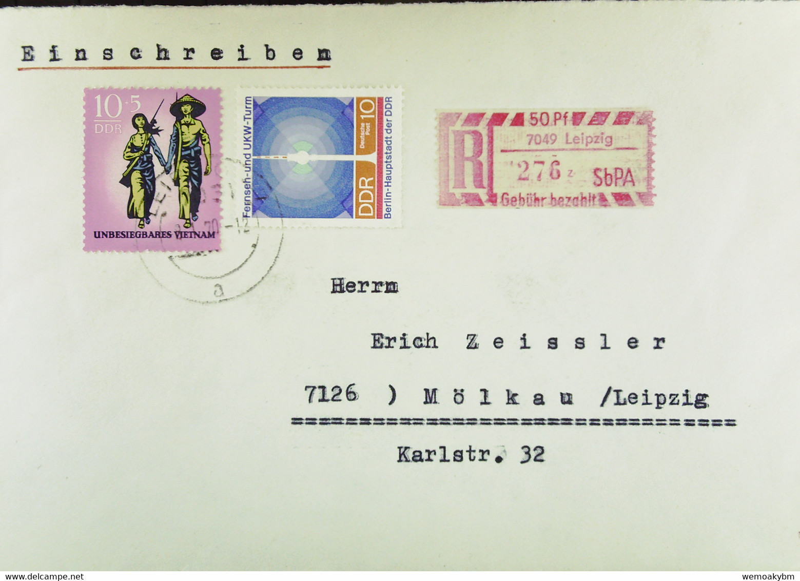 DDR: R-Fern-Bf Mit Selbstbed.-R-Zettel 50 Pf 7049 Leipzig (276 Z) -mit Einliefgsschein 8.1.70 Mit 10 Pf Vietnam, FS-Turm - Etiquetas De Certificado