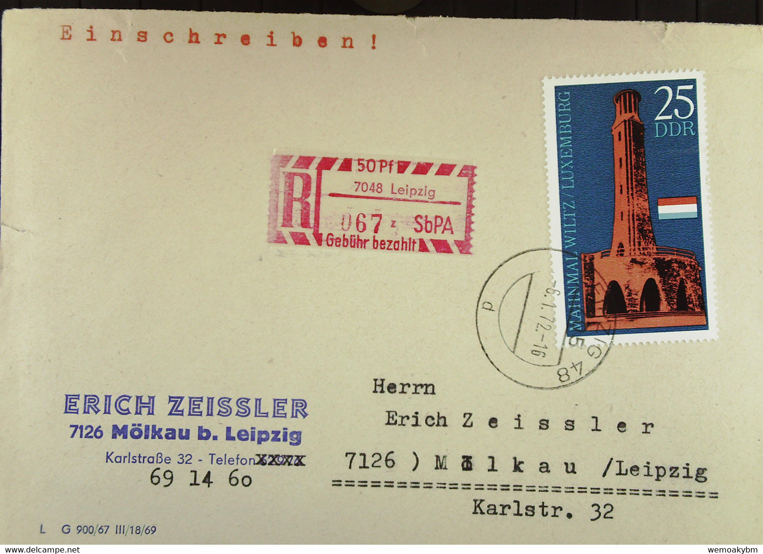 DDR: R-Fern-Bf Mit Selbstbed.-R-Zettel 50 Pf 7048 Leipzig (067 Z) -mit Einliefgsschein V 6.1.72 Mit 25 Pf Mahnmal - Etiquetas De Certificado