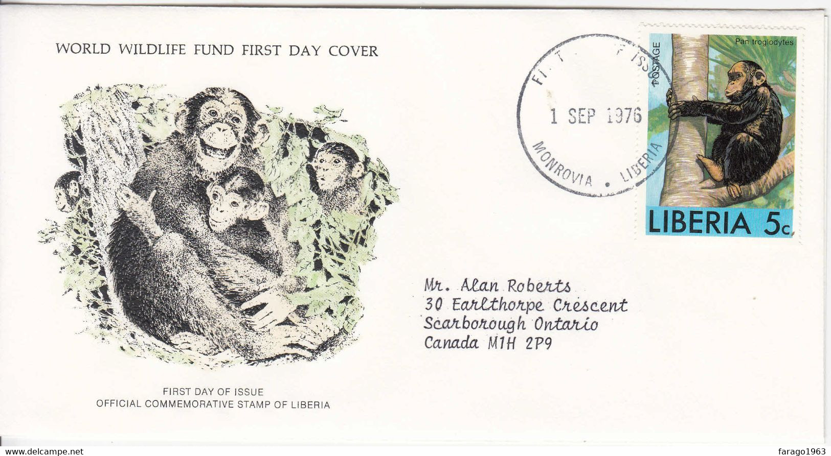 1976 Liberia Chimpanzees Primates Monkeys  Addressed WWF First Day Cover - Chimpancés