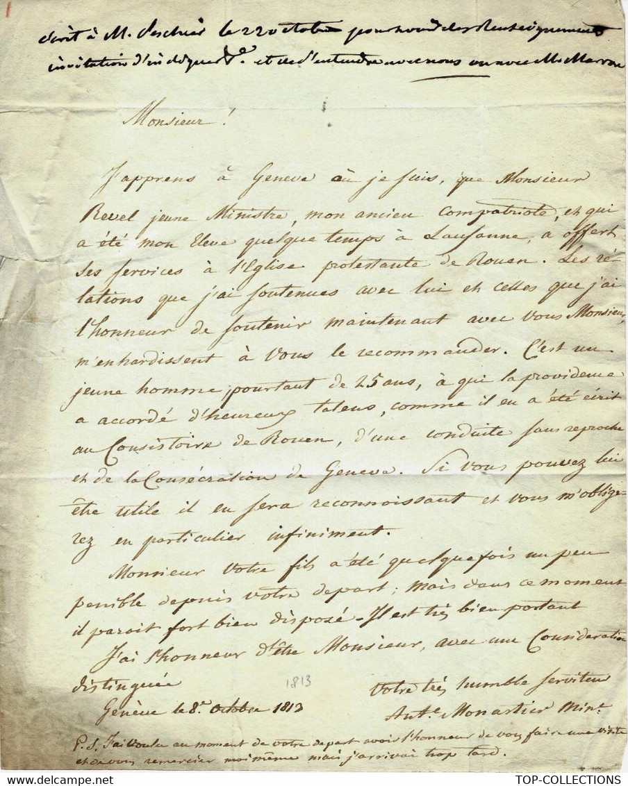 1813 PROTESTANTISME LETTRE ENSEIGNEMENT MINISTRE EGLISE PROTESTANTE à Genève Pour  Enfant Père  Négociant à Rouen B.E. - Historische Dokumente