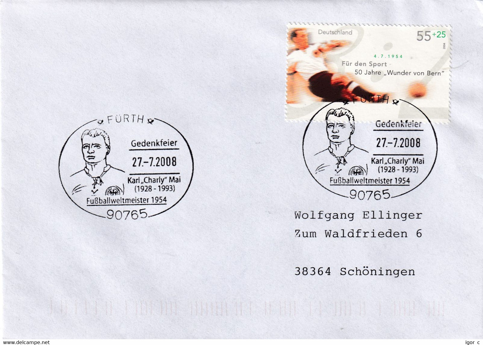 Germany 2008 Cover; Football Fussball Soccer Calcio; Wunder Von Bern; Karl Charly May World Cgampion 1954 Cancellation - 1954 – Suisse