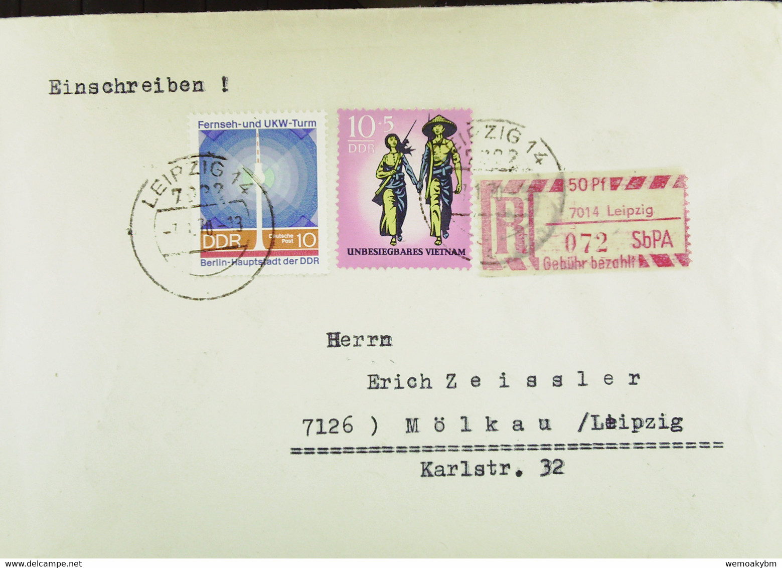 DDR: R-Fern-Bf Mit Selbstbed.-R-Zettel 50 Pf 7014 Leipzig (072) -mit Einliefgsschein 7.1.70 Mit 10 Pf Vietnam, FS-Turm - Etiquetas De Certificado