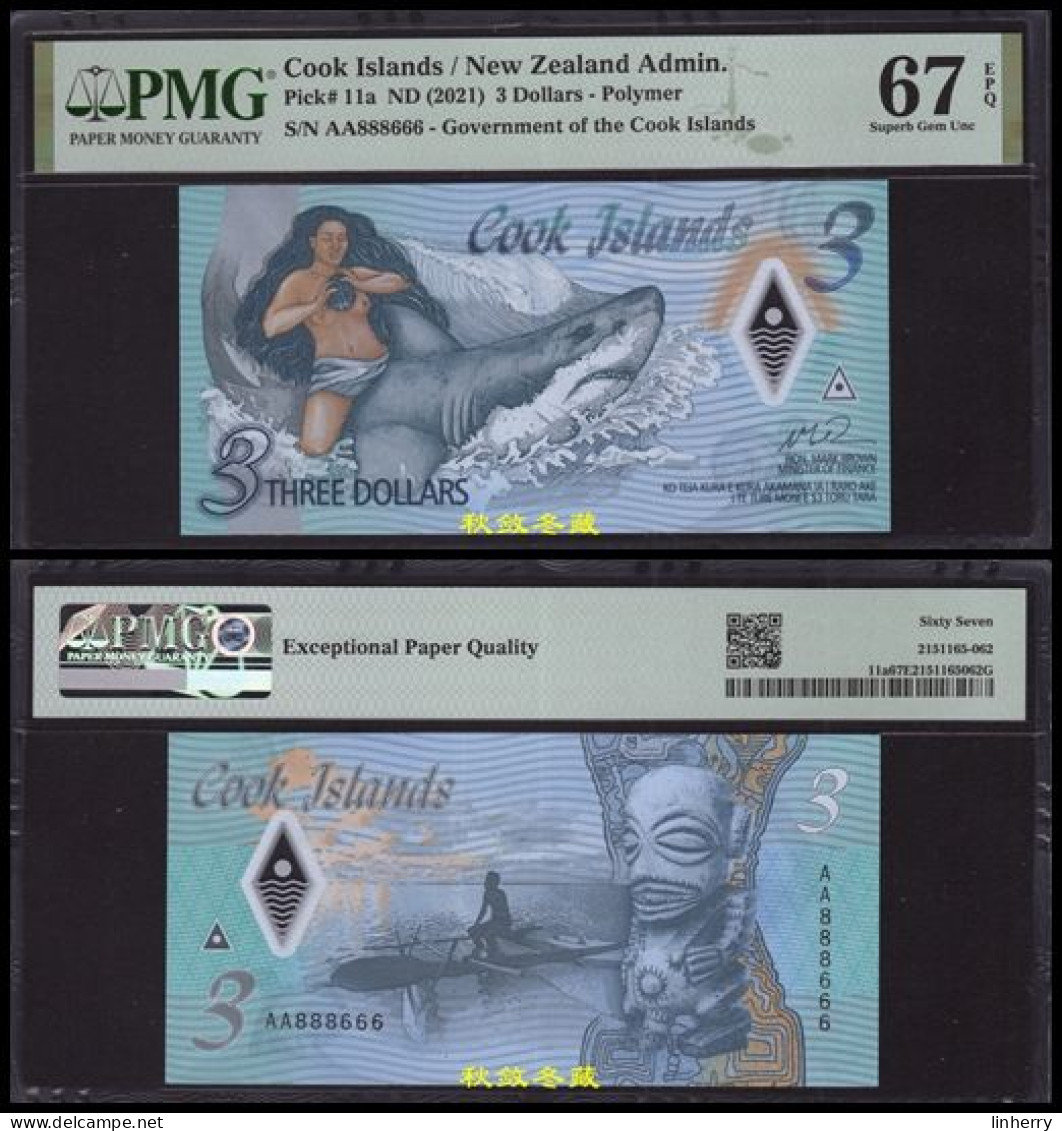 Cook Islands 3 Dollars, (2021), Polymer, Lucky Number 888666, PMG67 - Cook Islands