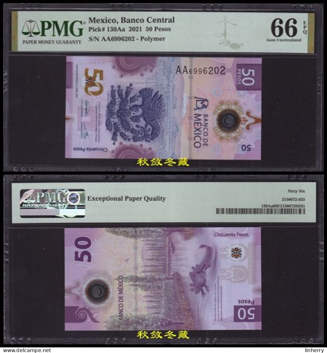 Mexico 50 Pesos (31.3.2021), Polymer, AA Prefix, Sign.25-26-27, PMG66 - Mexico