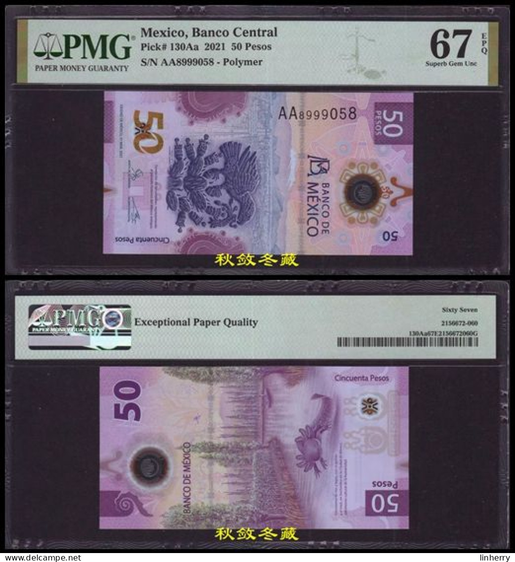 Mexico 50 Pesos (2021), AA Prefix，Polymer, PMG67 - Mexico