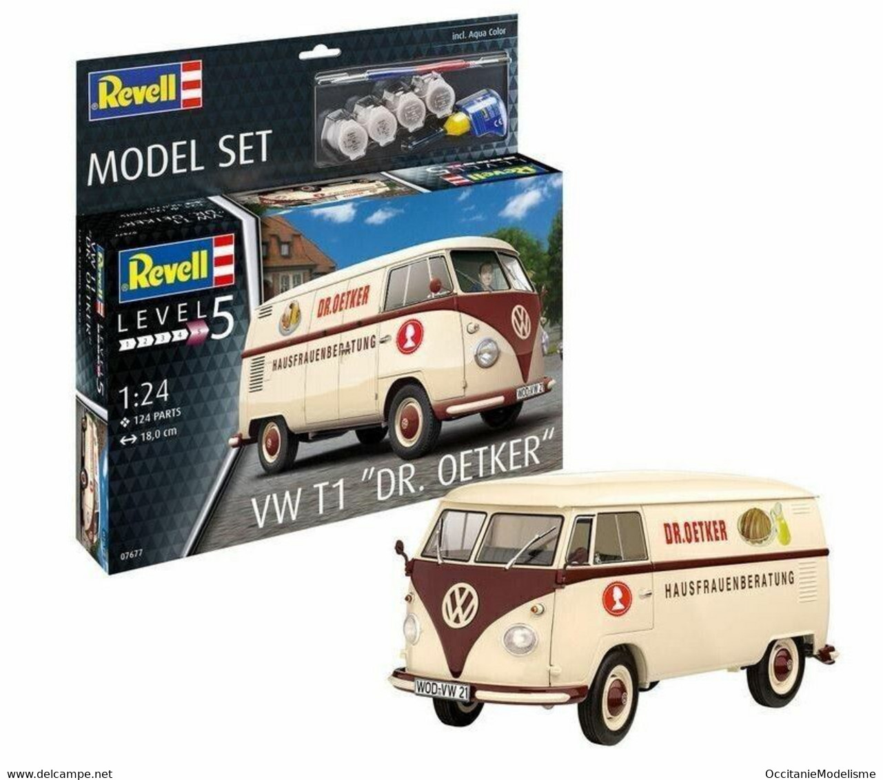 Revell - SET VW Volkswagen T1 DR. OETKER Combi + Peintures + Colle Maquette Kit Plastique Réf. 67677 Neuf NBO 1/24 - Voitures