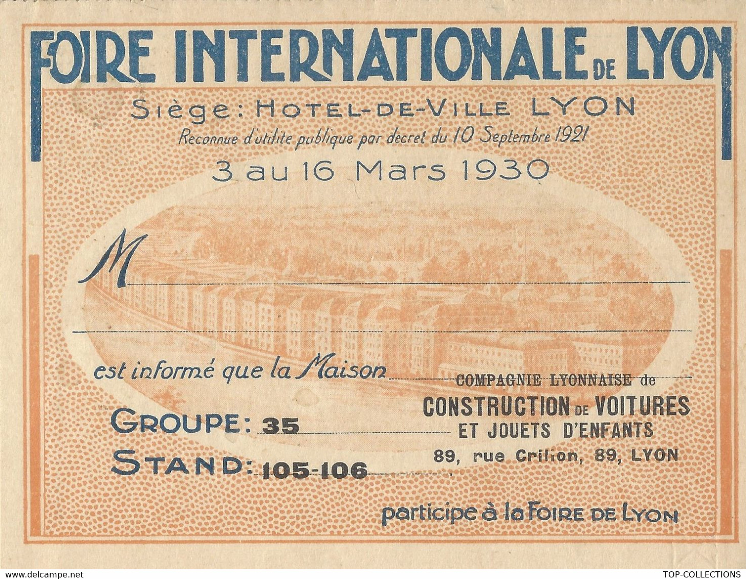 1930 CARTE PARTICIPANT FOIRE INTERNATIONALE  DE  LYON  CIE LYONNAISE DE CONSTRUCTION VOITURES JOUETS ENFANTS B.E.V.SCANS - 1900 – 1949