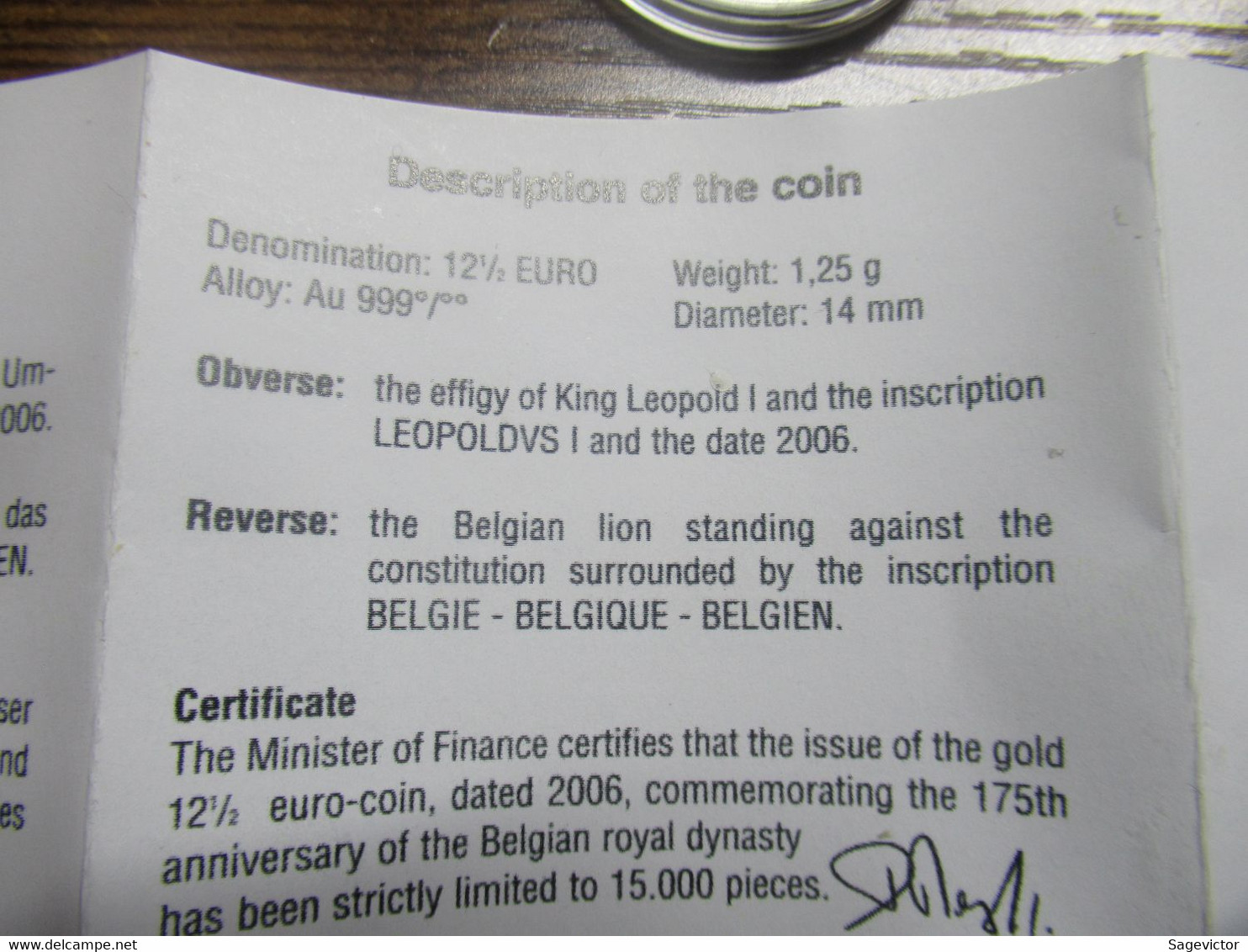 12,5 Euros En Or 999/1000 Avec Certificat - Collections