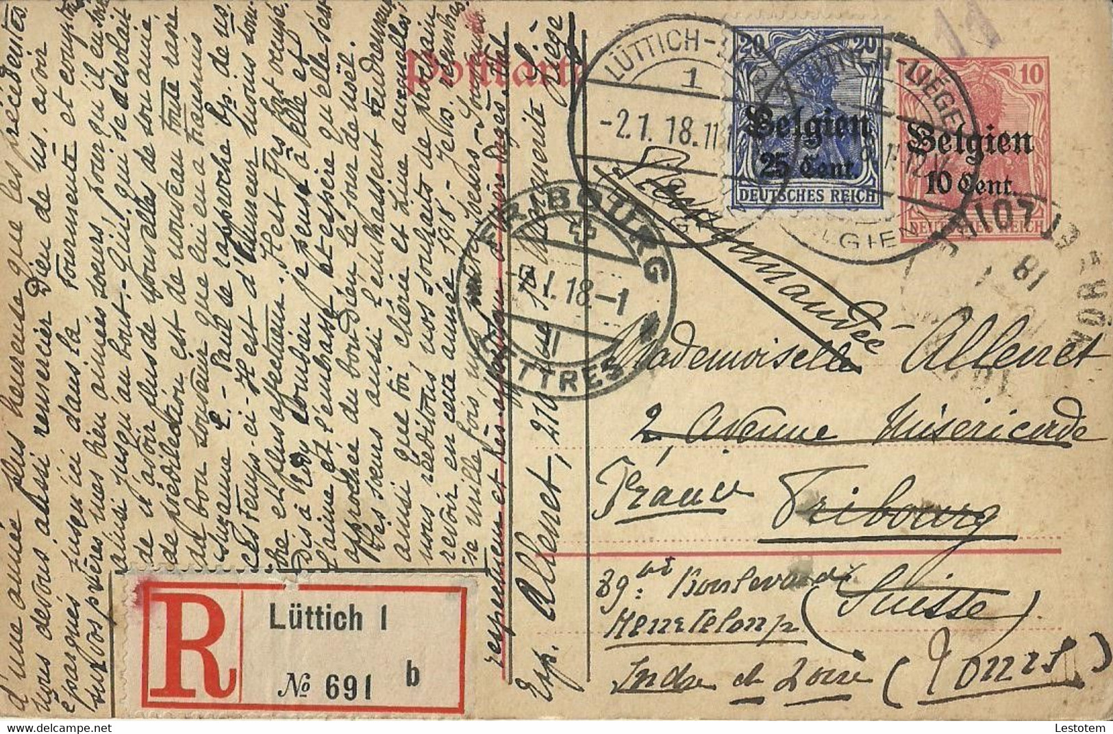 Postkaart  Deutsche Reich Met Stempel Belgien   1ste Wereldoorlog   1e Janvier 1918 - Occupation 1914-18