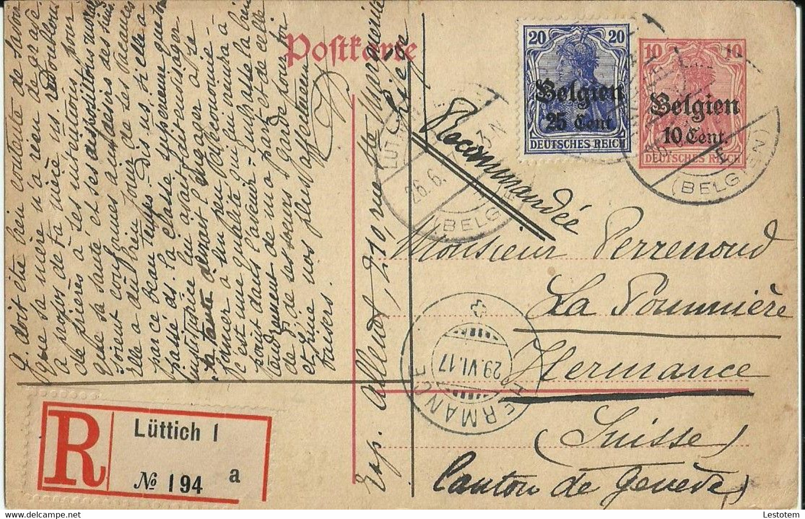 Postkaart  Deutsche Reich Met Stempel Belgien   1ste Wereldoorlog  25 JUIN 1917 - Occupation 1914-18