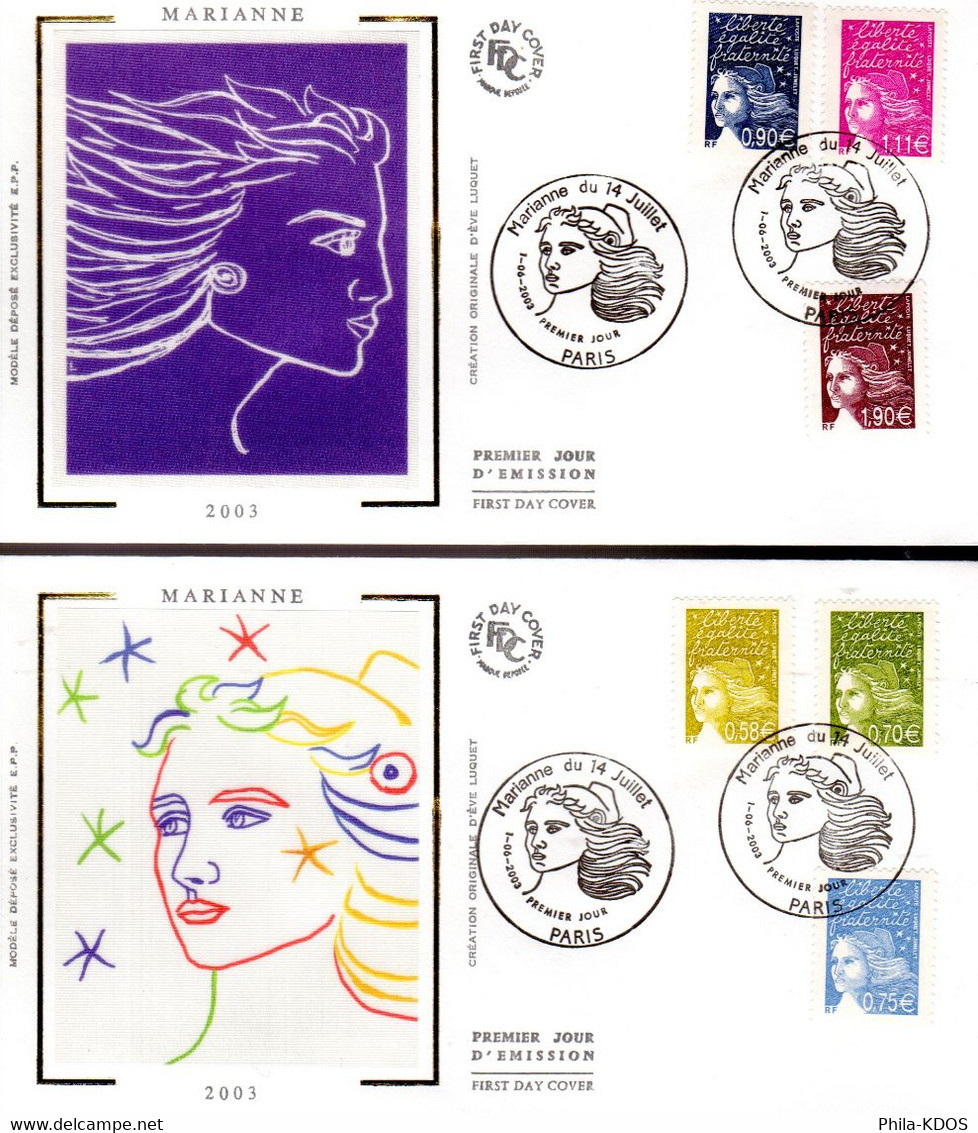 (Sous La Faciale 5.94 €) " MARIANNE DE LUQUET / DU 14 JUILLET " Sur 2 Enveloppes 1er Jour De 2003 N° YT 3570 à 3575. FDC - 1997-2004 Maríanne Du 14 Juillet