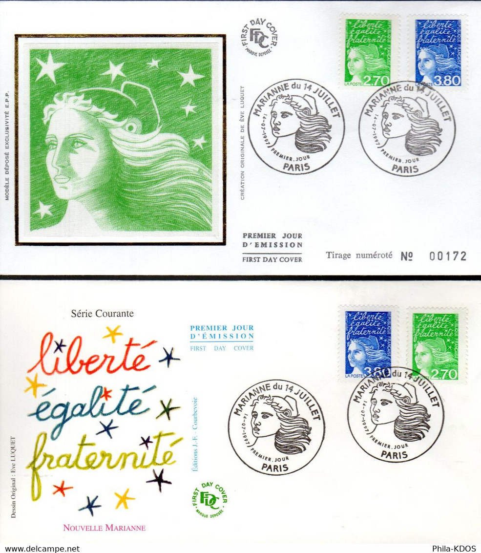 " MARIANNE DE LUQUET / DU 14 JUILLET " Sur 2 Enveloppes 1er Jour De 1997 N° YT 3091 + 3093 FDC - 1997-2004 Marianna Del 14 Luglio