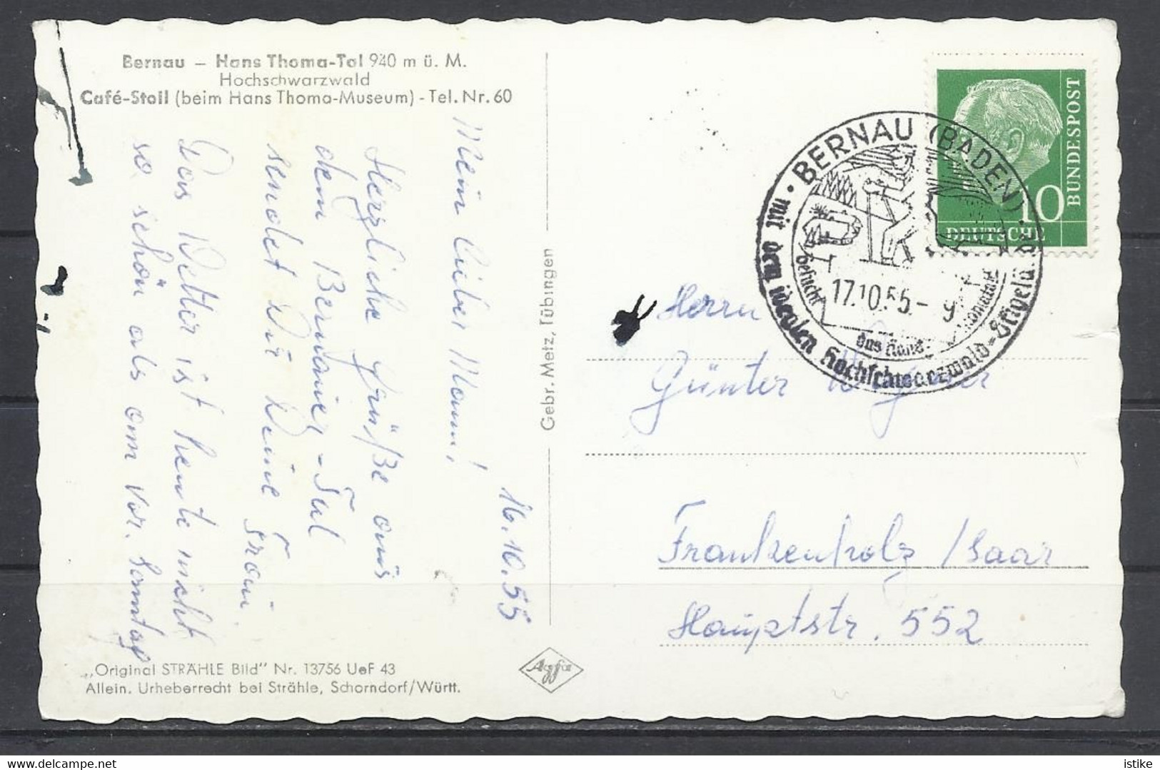 Germany, Bernau, Hans Thoma-Tal, Sp, Cancellation  1955. - Bernau
