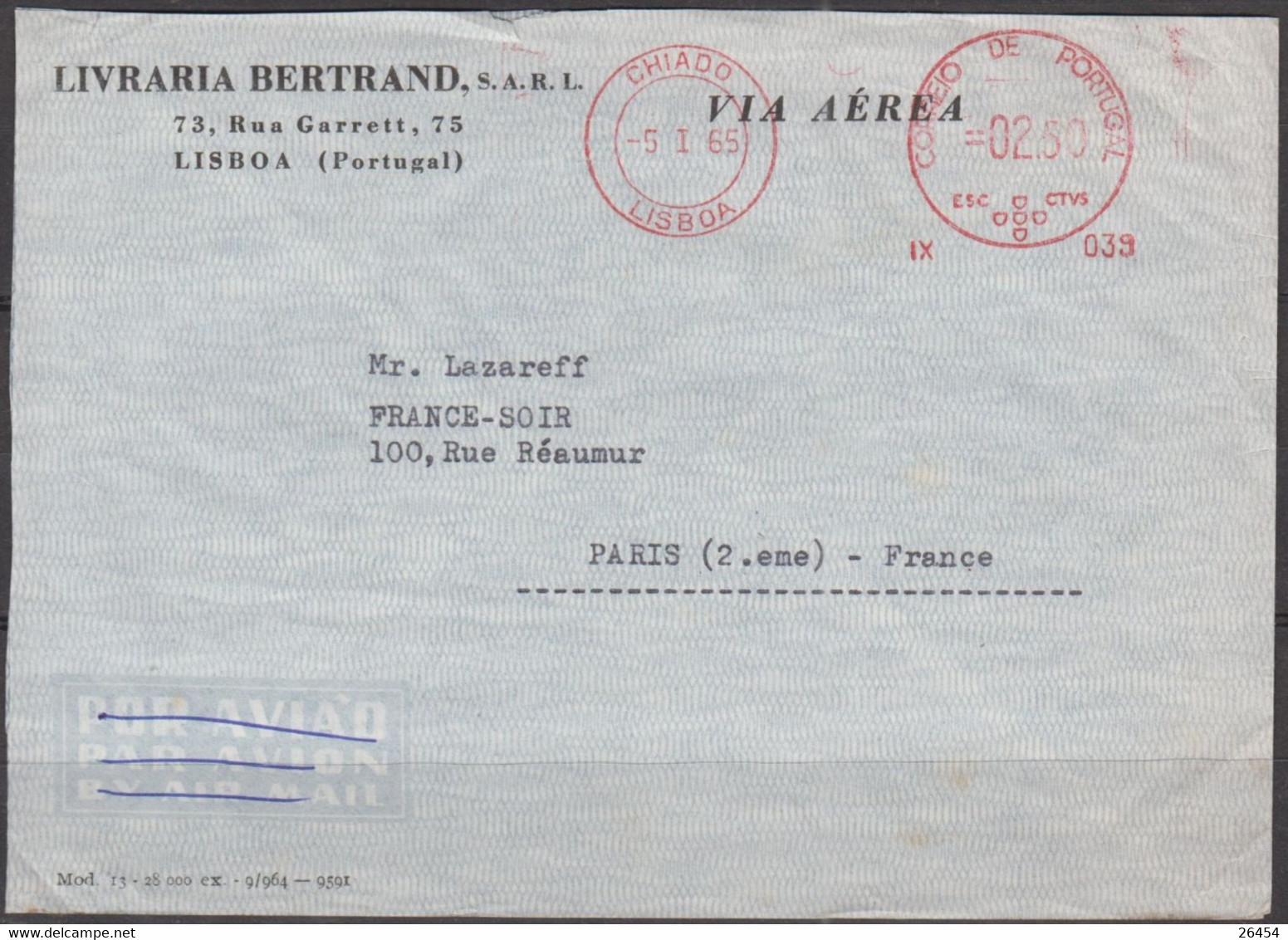 PORTUGAL Empreinte EMA   Sur Enveloppe Pub  De LISBOA  Le 5 I 1965  Pour PARIS 2 à  FRANCE SOIR Mr P. LAZAREFF - Frankeermachines (EMA)