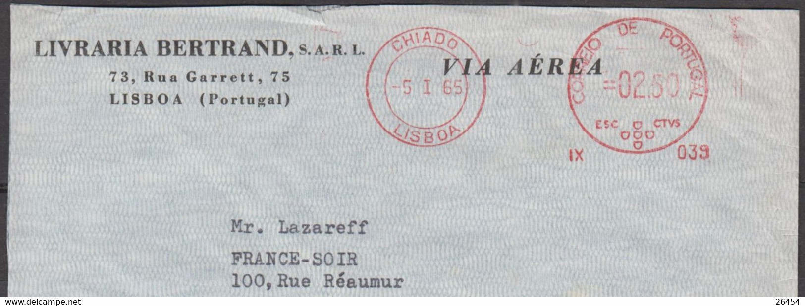 PORTUGAL Empreinte EMA   Sur Enveloppe Pub  De LISBOA  Le 5 I 1965  Pour PARIS 2 à  FRANCE SOIR Mr P. LAZAREFF - Machines à Affranchir (EMA)