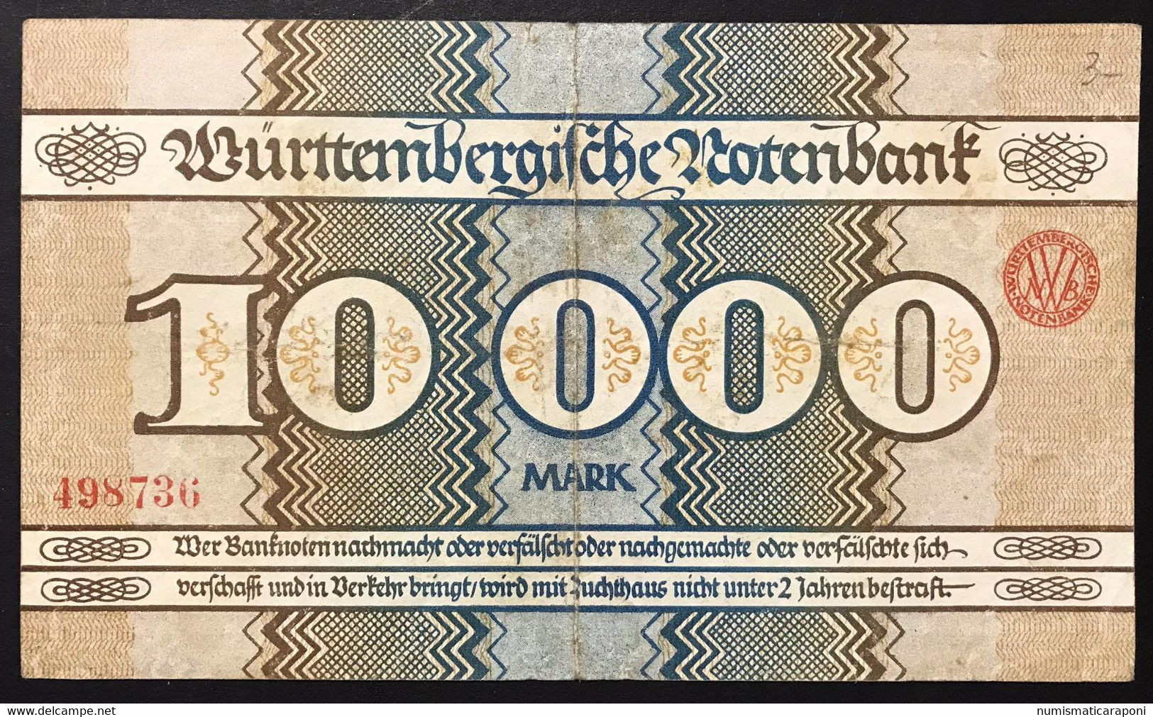 Germania Germany 10000 Mark 1923 Wurttemberg LOTTO 4192 - Administration De La Dette