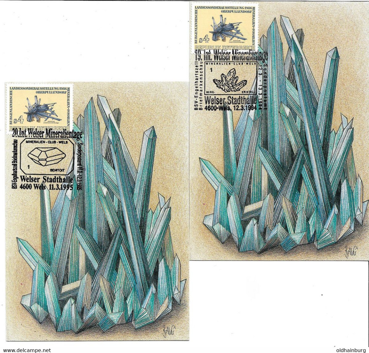4106e: Marke Aus 1986, Mineralien- Werbeschau Mineralientage, Maximumkarten- Sonderstempel 1994+ 1995 - Wels