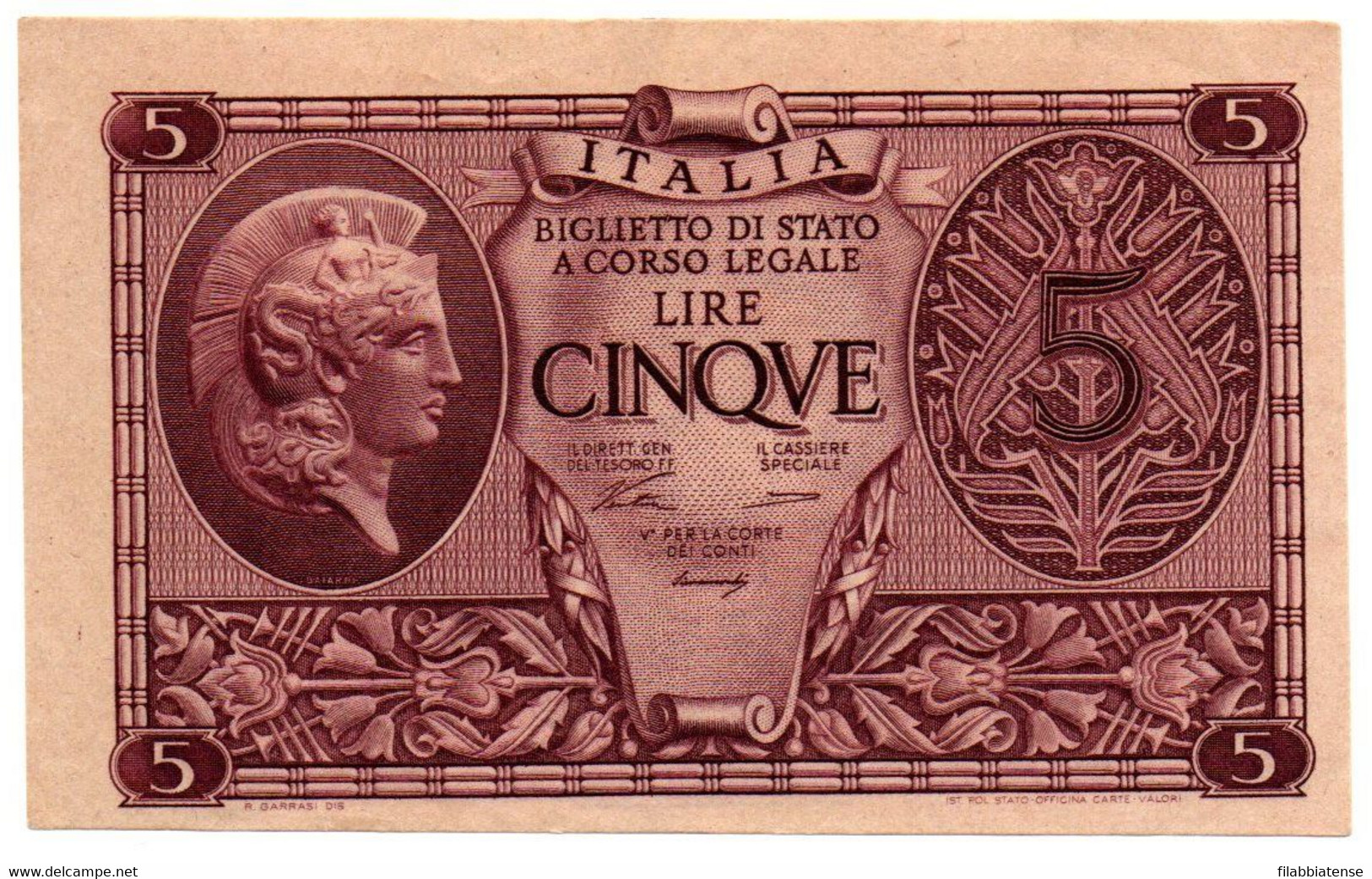 Italia - 5 Lire 1944     ---- - Italië– 5 Lire