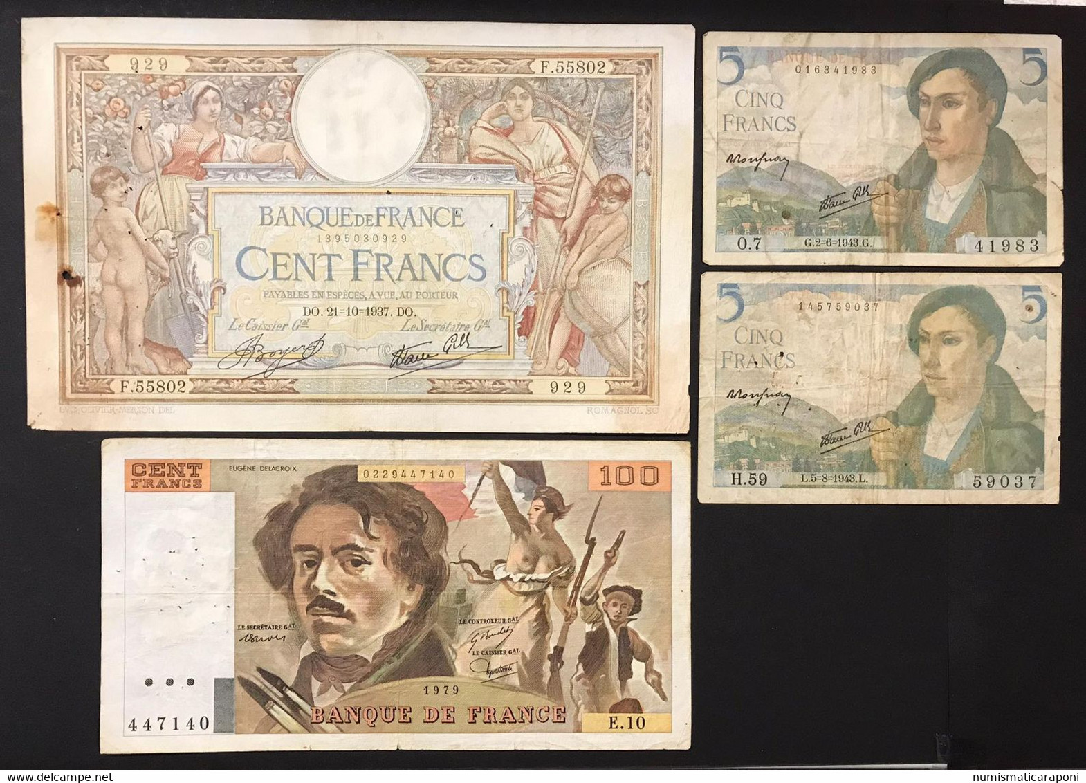 Francia France  5 Francs 2-6-1943 + 5-8-1943 + 100 Francs 21 10 1937 + 100 Francs 1979  Lotto 4206 - 5 F 1943-1947 ''Berger''