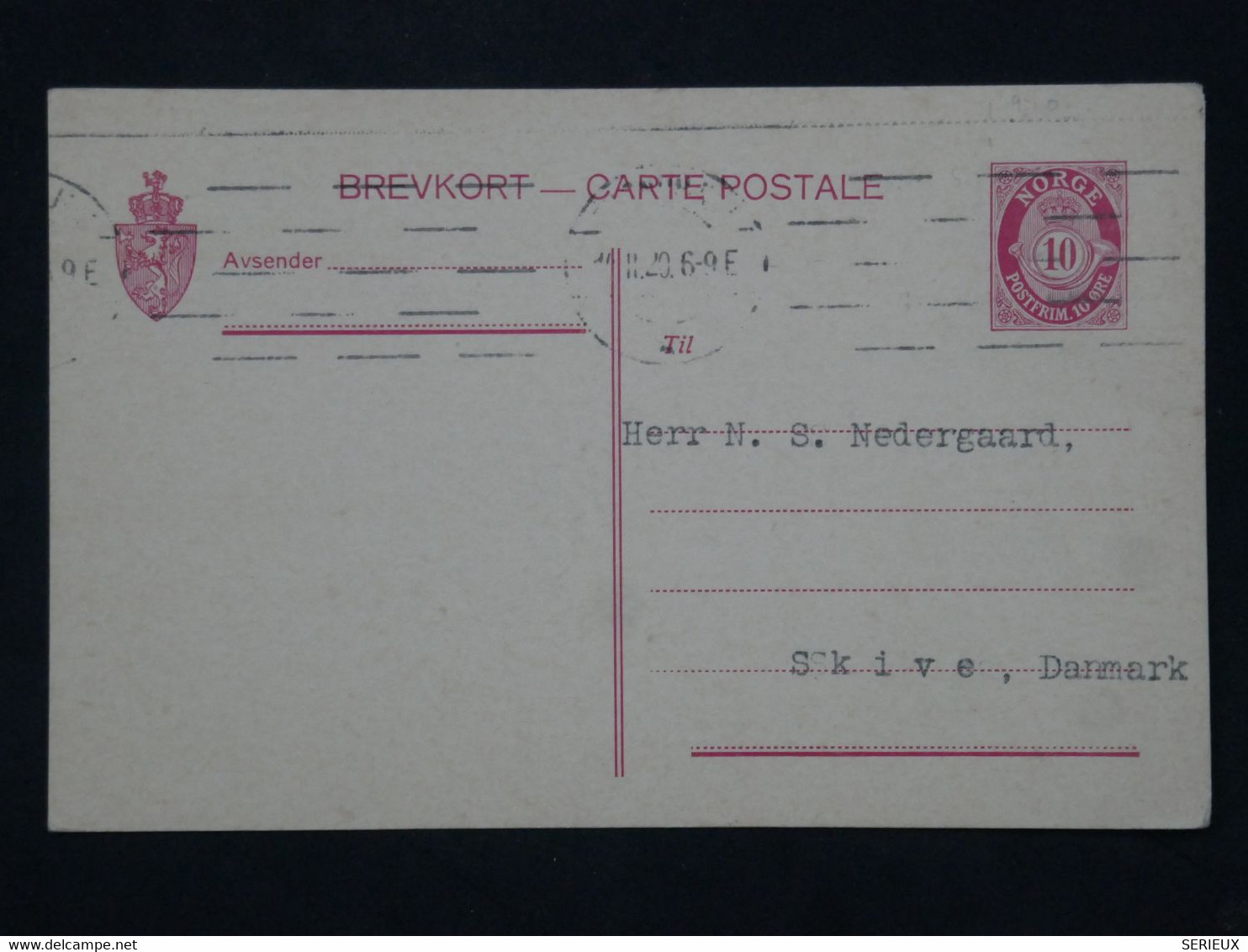 BI 11 NORGE  BELLE CARTE ENTIER 1920  SKIVE DANMARK ++++AFFRANCH. INTERES+ - Storia Postale