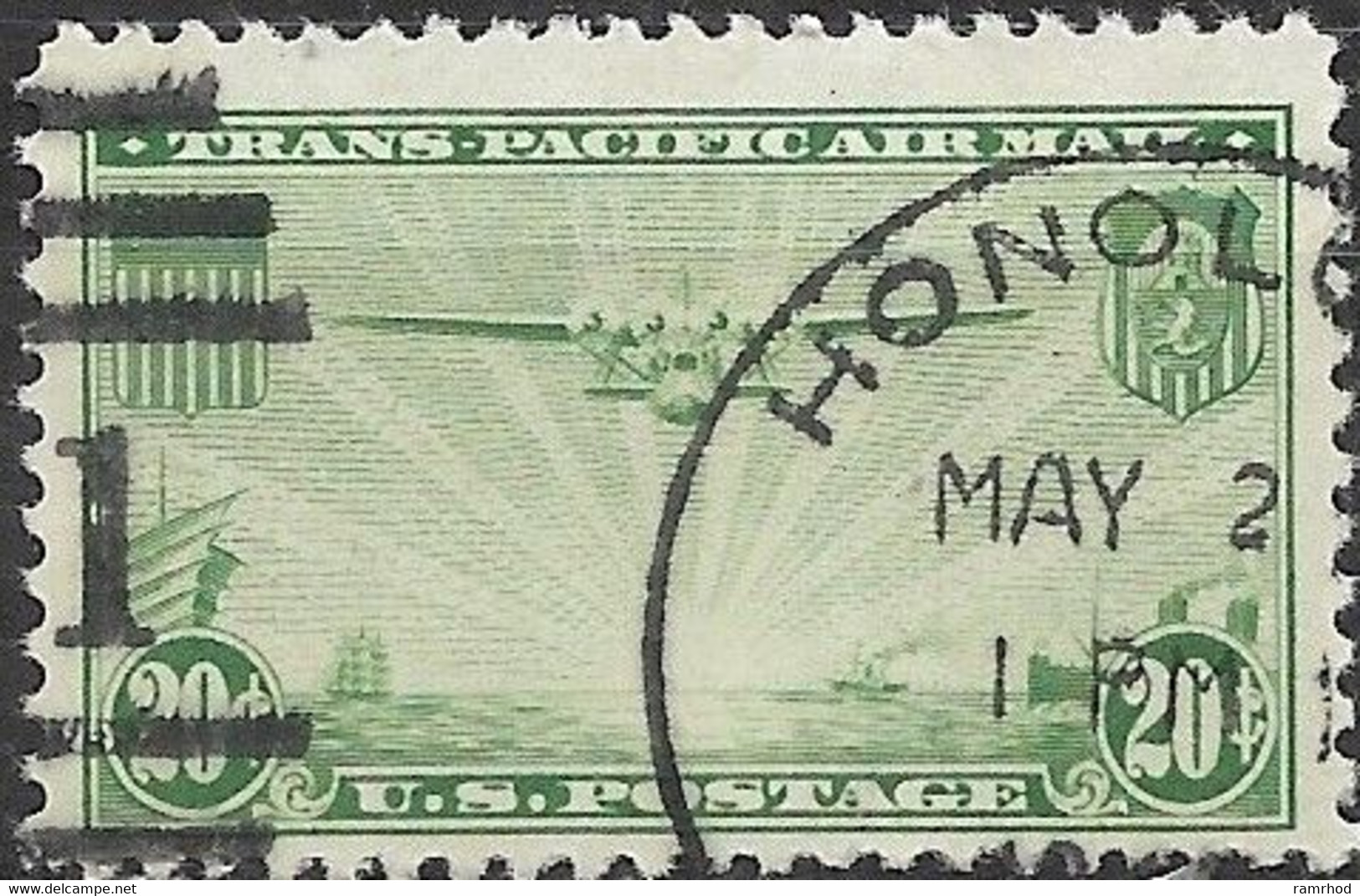 USA 1935 Air. Trans-Pacific Air Mail - Martin M-130 Flying Boat - 20c. - Green FU - 1a. 1918-1940 Afgestempeld