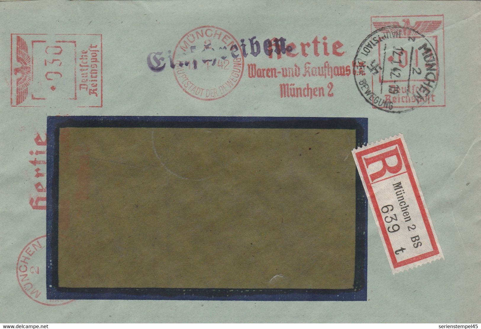 Deutsches Reich Einschreibe Brief Mit Freistempel München 1942 Hertie Waren Und Kaufhaus - Marcofilie - EMA (Print Machine)