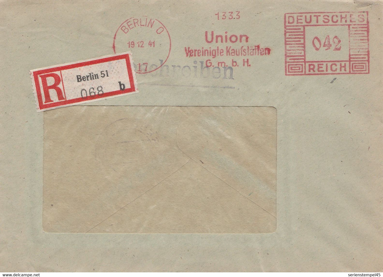Deutsches Reich Einschreibe Brief Mit Freistempel Berlin 0 17 1941 Union Vereinigte Kaufstätten - Marcofilie - EMA (Print Machine)
