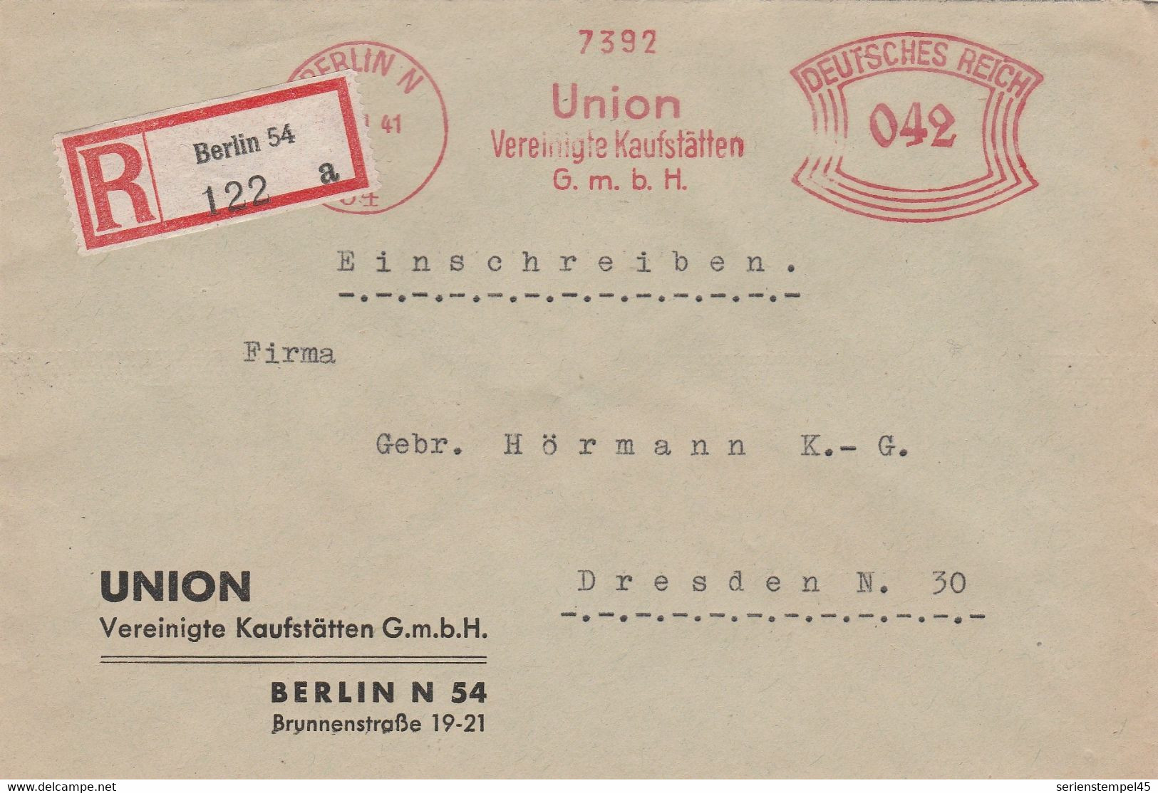 Deutsches Reich Einschreibe Brief Mit Freistempel Berlin N54 1941 Union Vereinigte Kaufstätten - Marcofilie - EMA (Print Machine)
